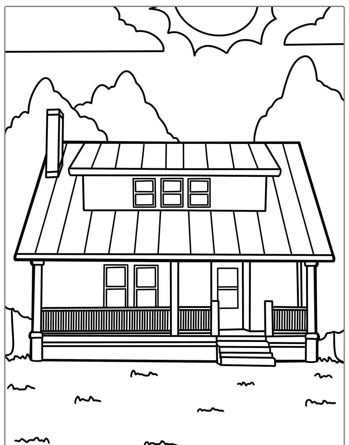 Desenho de Casa com Varanda e Sol para Colorir