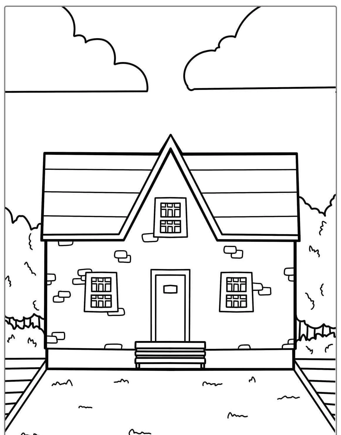 Página para colorear de casa con ventanas y cielo