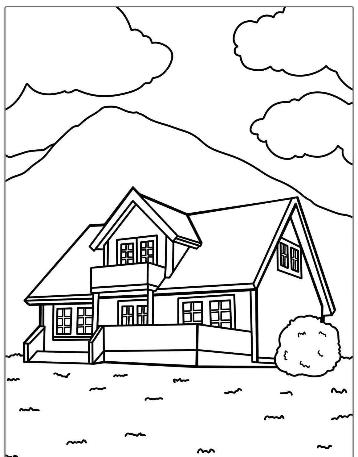 Dibujo de Hogar con Balcón y Montañas para colorear