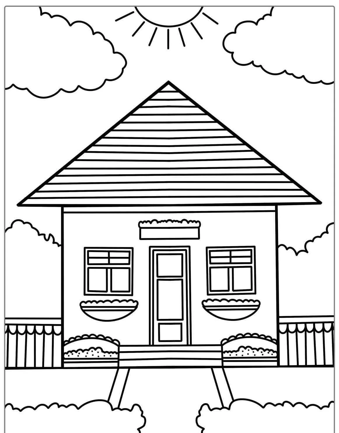 Página para colorear de casa con jardín y sol