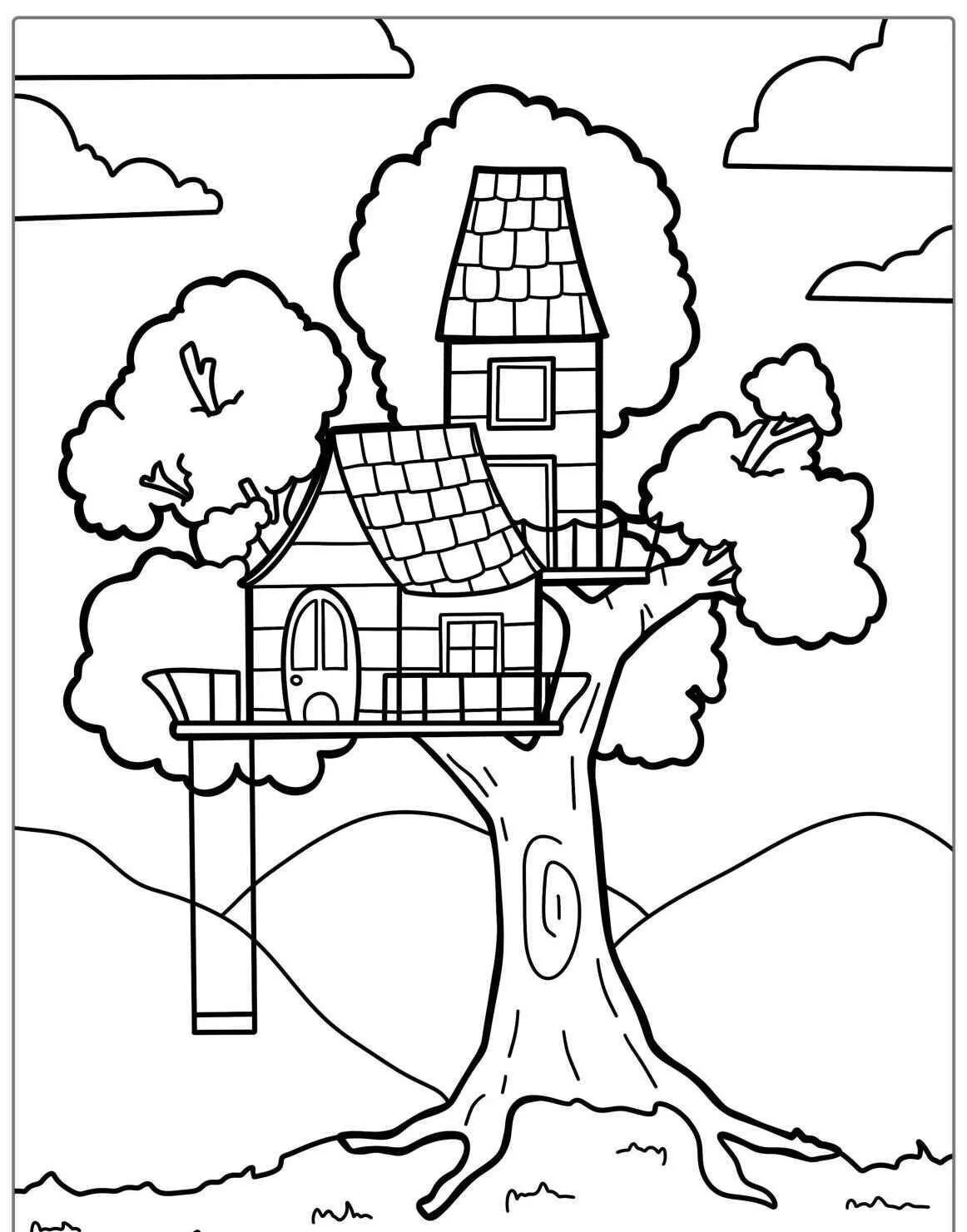 Página para colorear de casa en el árbol con balcón