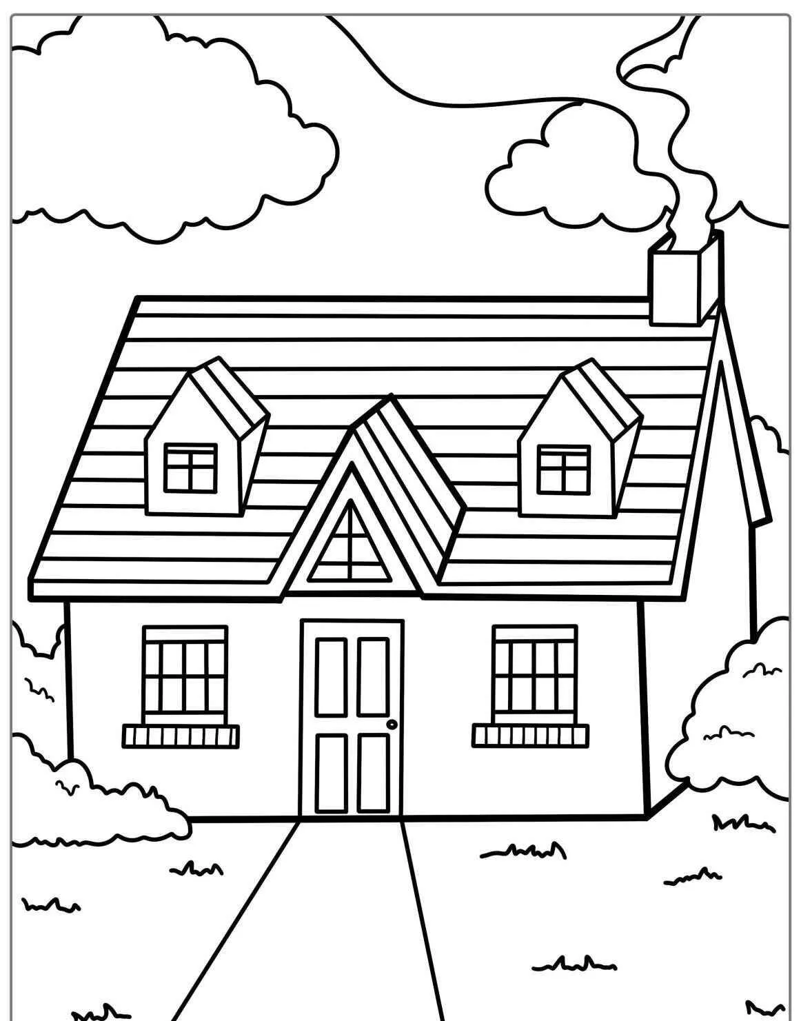 Página para colorear de casa con chimenea y nubes