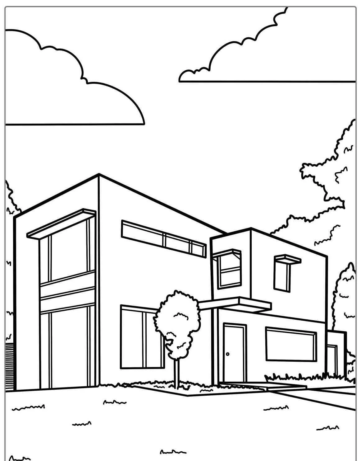 Página para colorear de una casa moderna con grandes ventanales