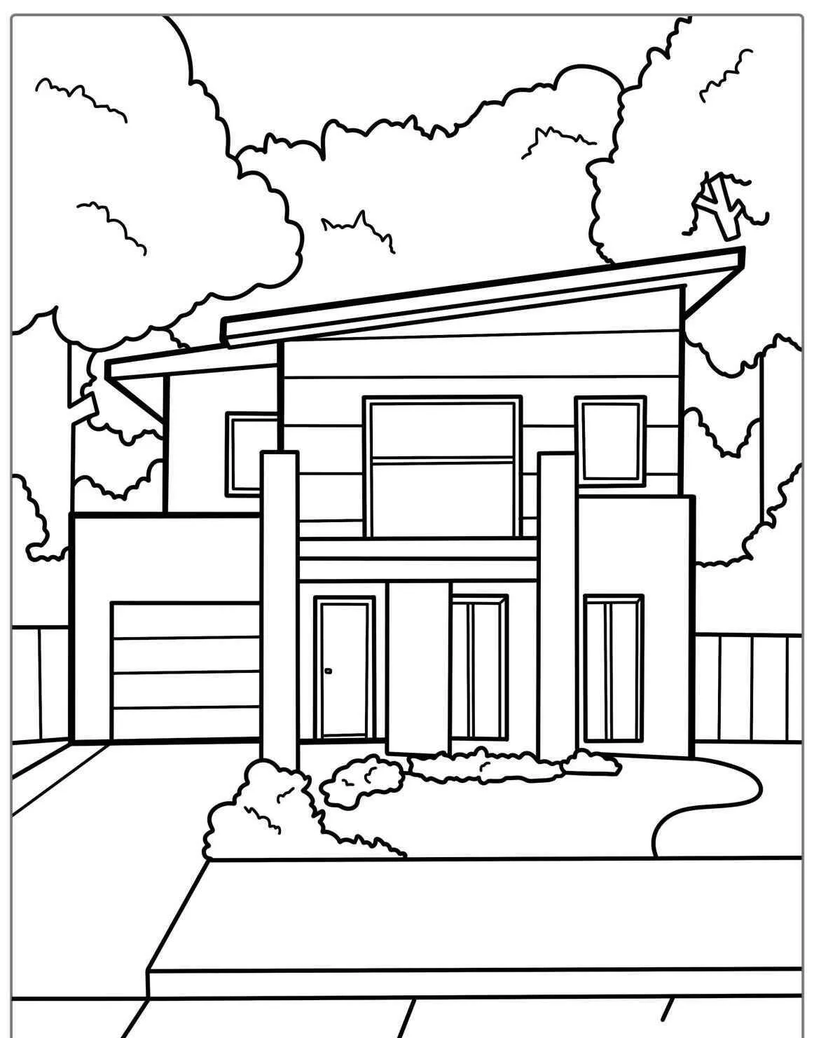 Página para colorear de casa moderna con jardín