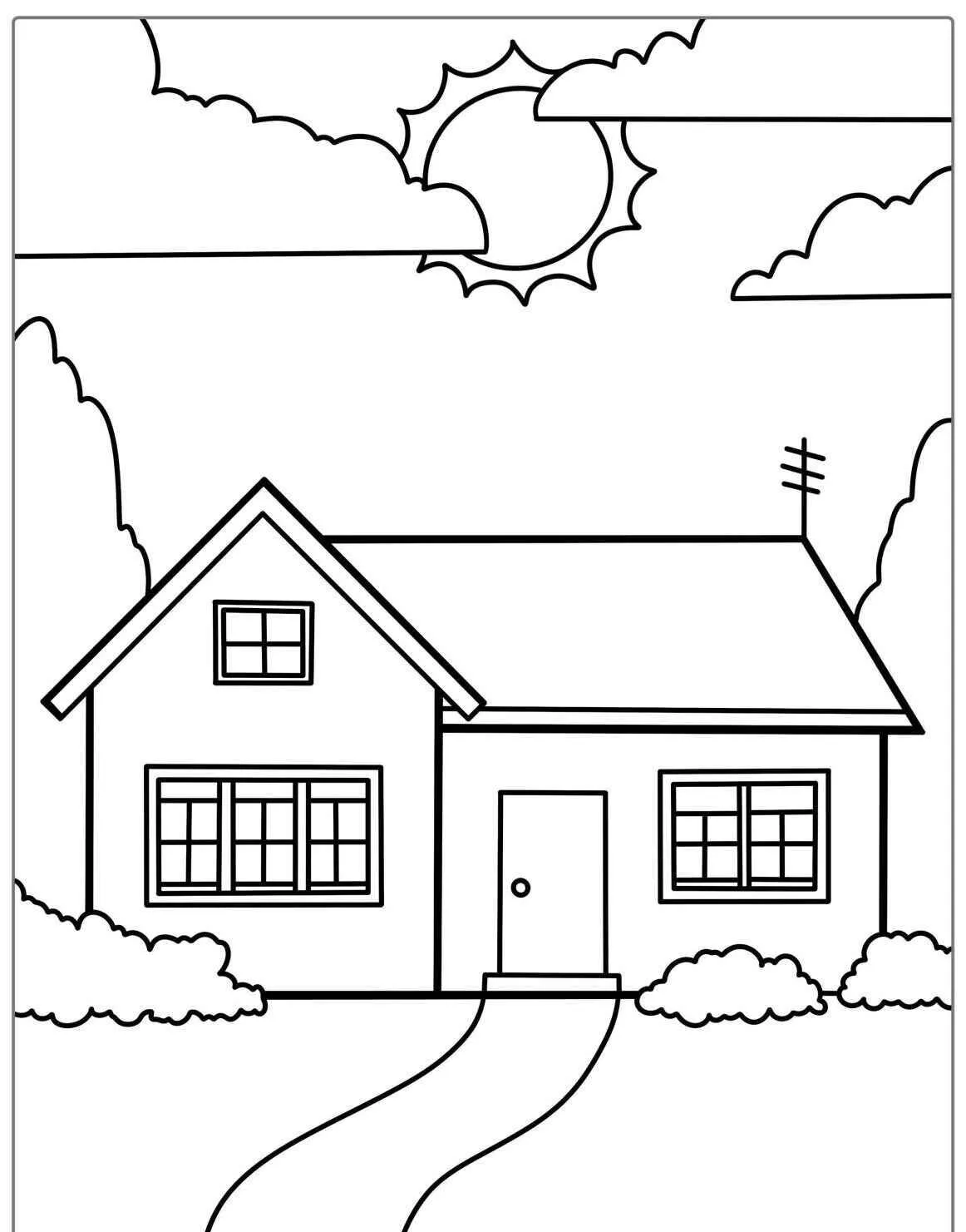 Página para colorear de la casa con sol y nubes
