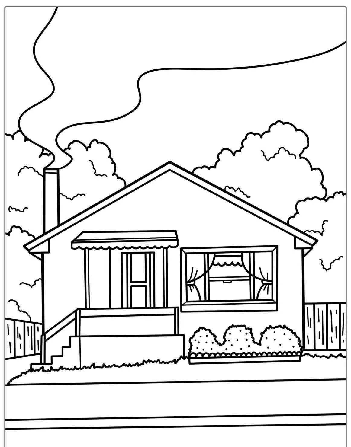 Página para colorear de casa con chimenea y jardín