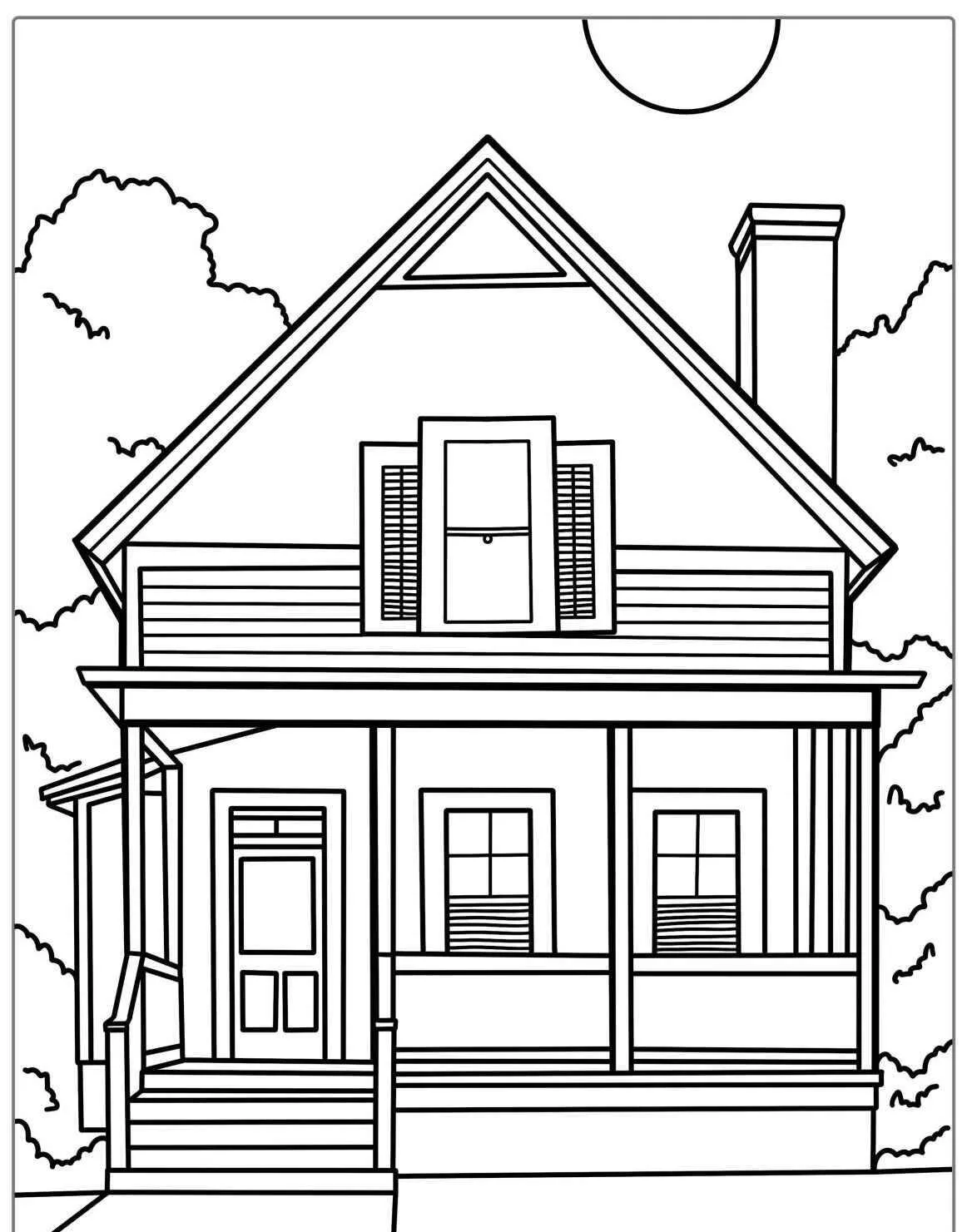Página para colorear de casa con balcón y árboles