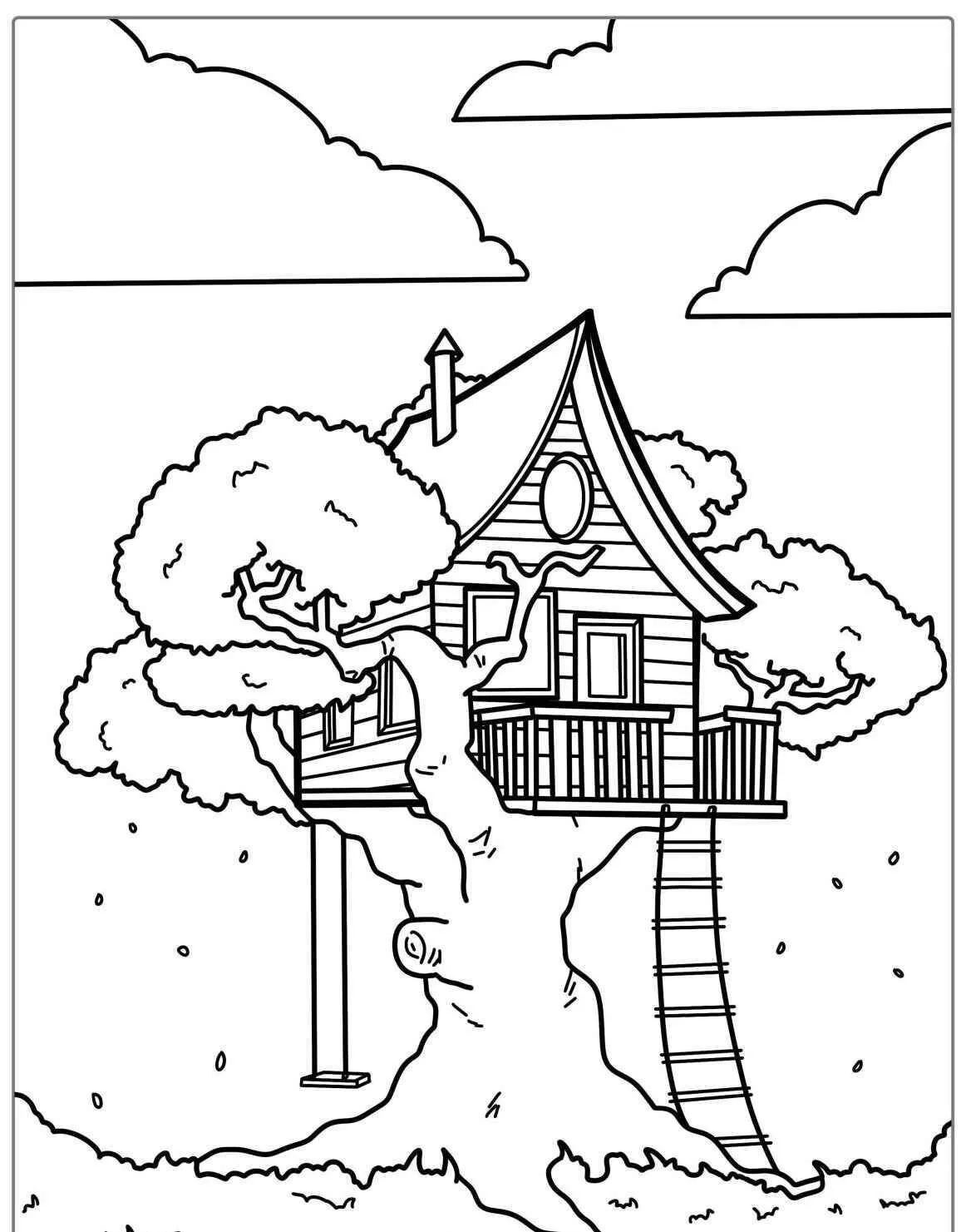 Página para colorear de casa en el árbol con escalera
