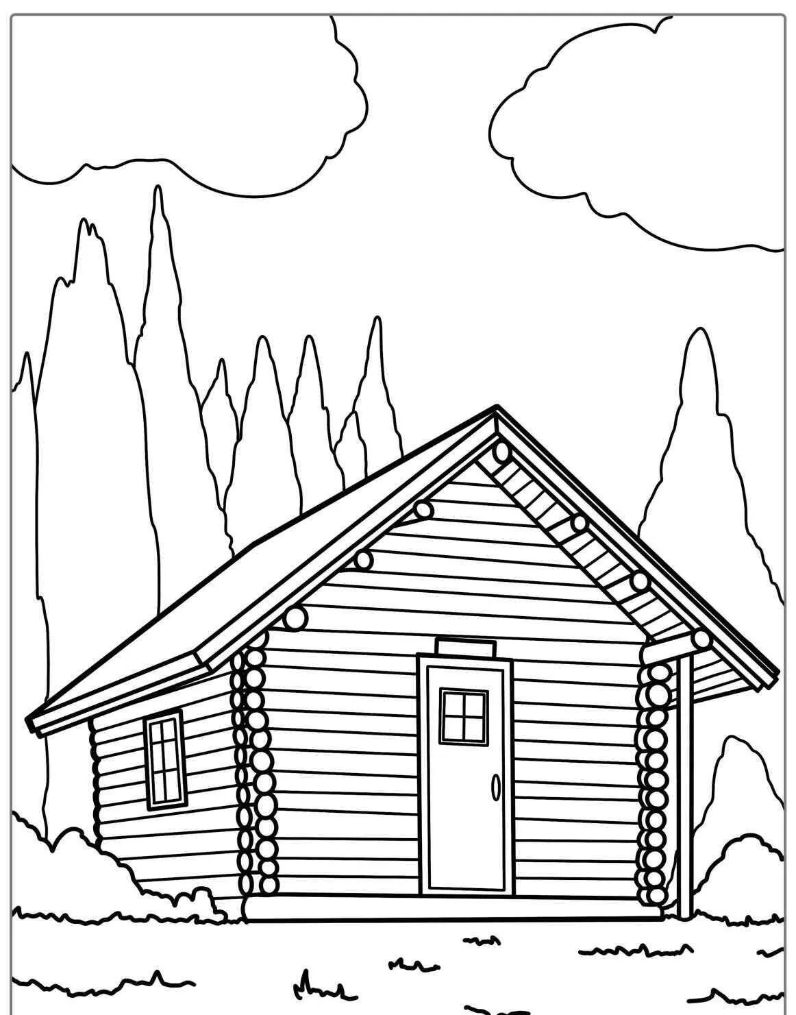 Página para colorear de casa de madera con árboles