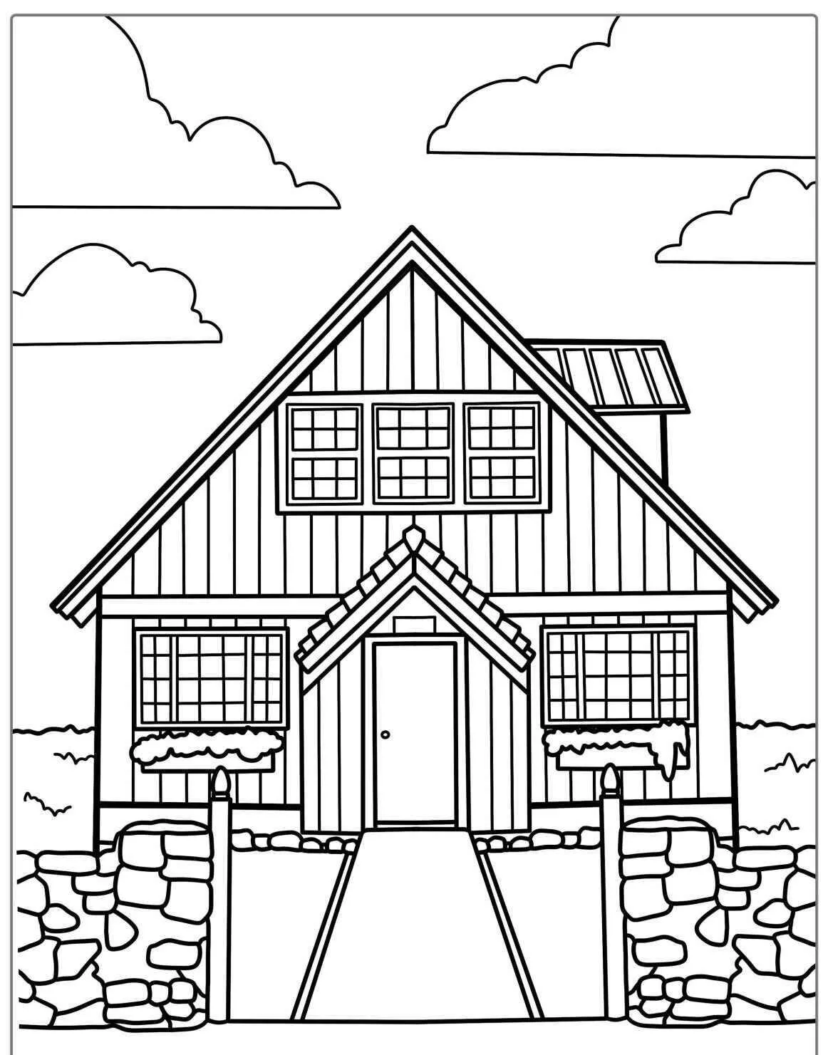 Dibujo de Hogar de campo con piedras y cielo nublado para colorear
