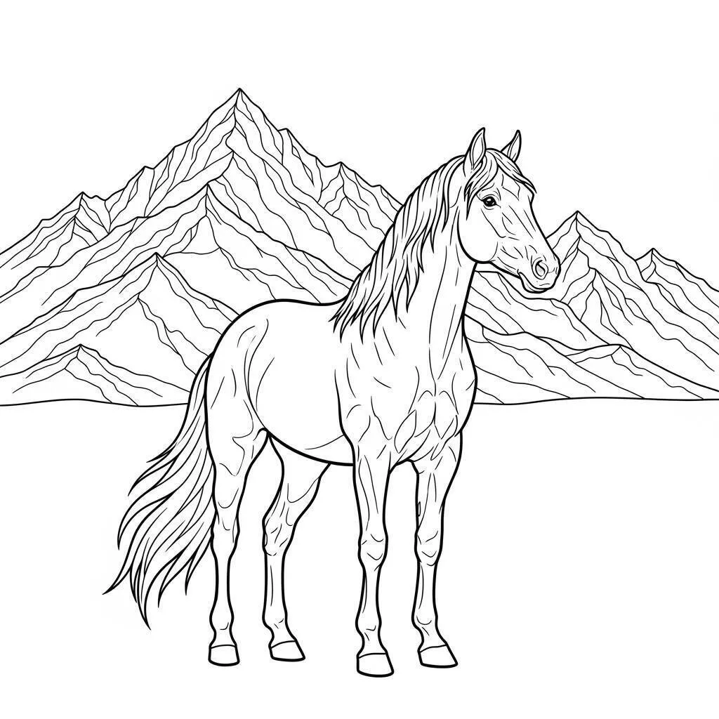 Coloriage cheval majestueux dans les montagnes