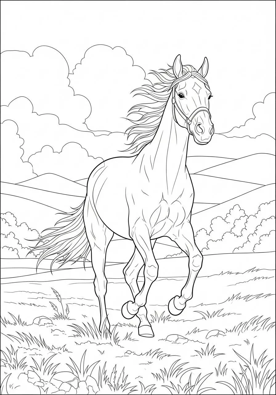 Coloriage Cheval courant dans un champ