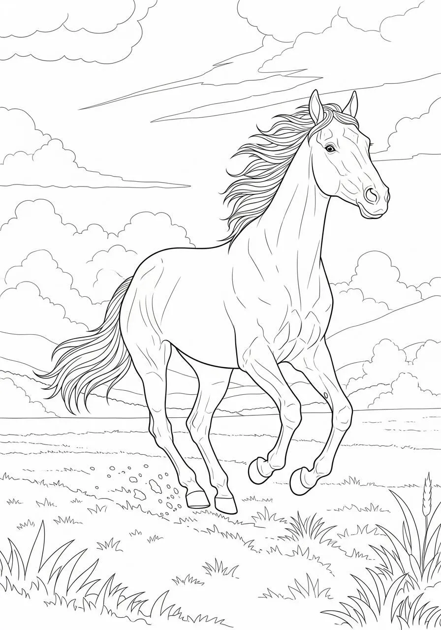 Coloriage Cheval courant dans un champ