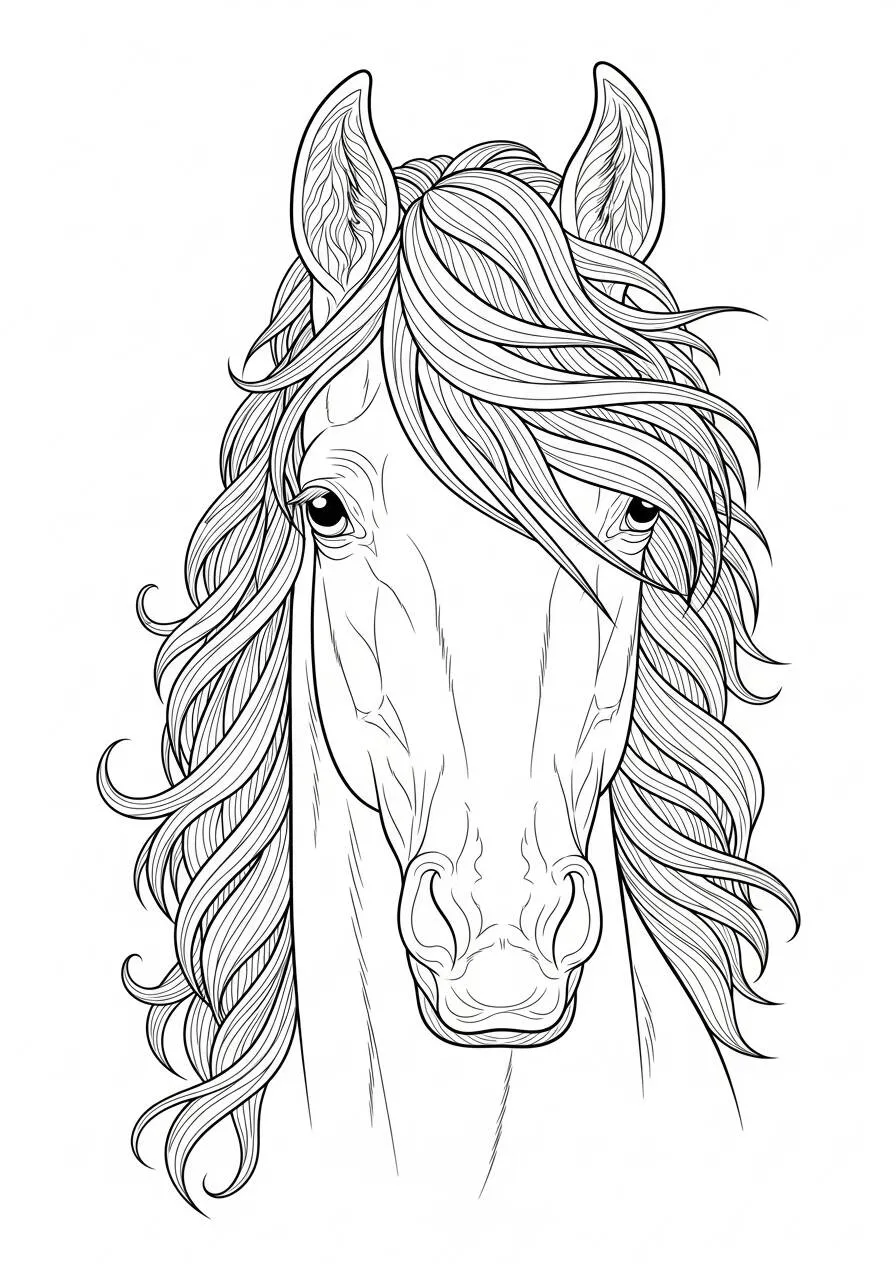 Coloriage cheval avec une longue crinière