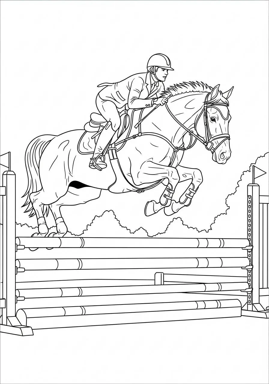 Coloriage d'obstacle de saut à cheval avec cavalier