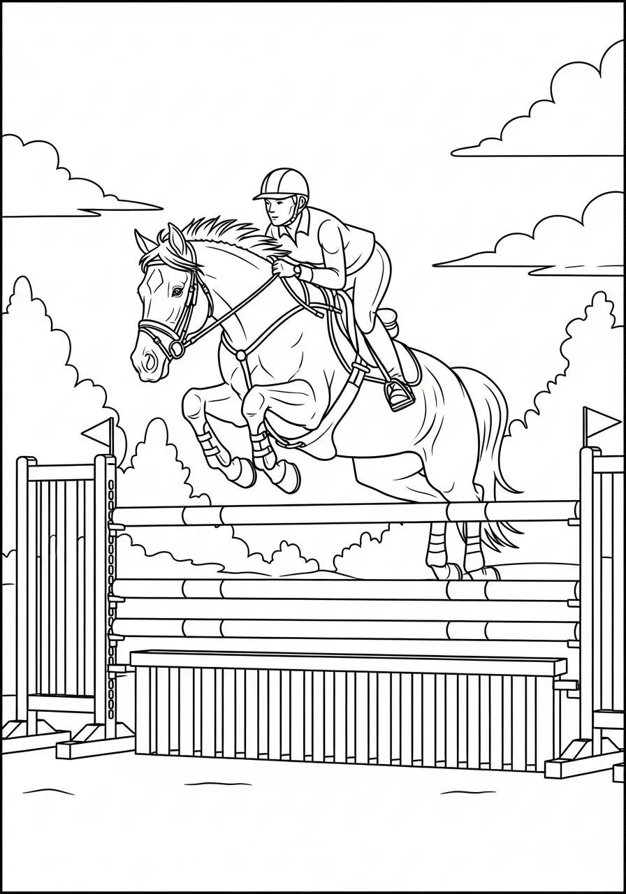 Coloriage d'obstacle de saut à cheval avec cavalier
