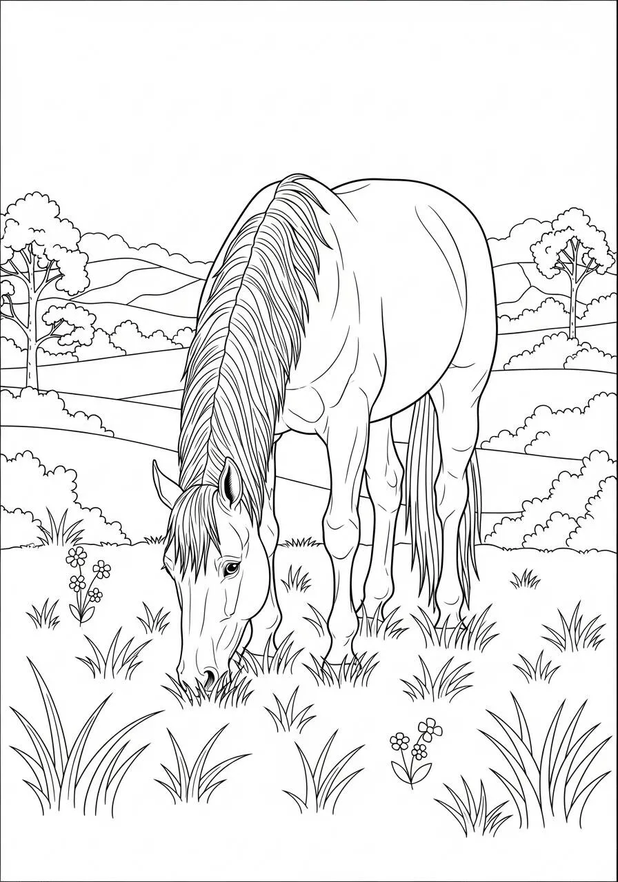 Coloriage Cheval paissant dans un champ