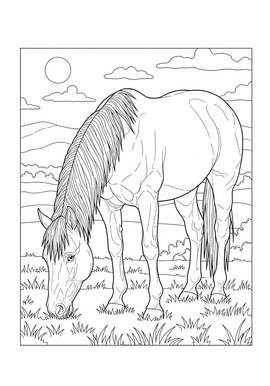 Coloriage Cheval paissant dans un champ