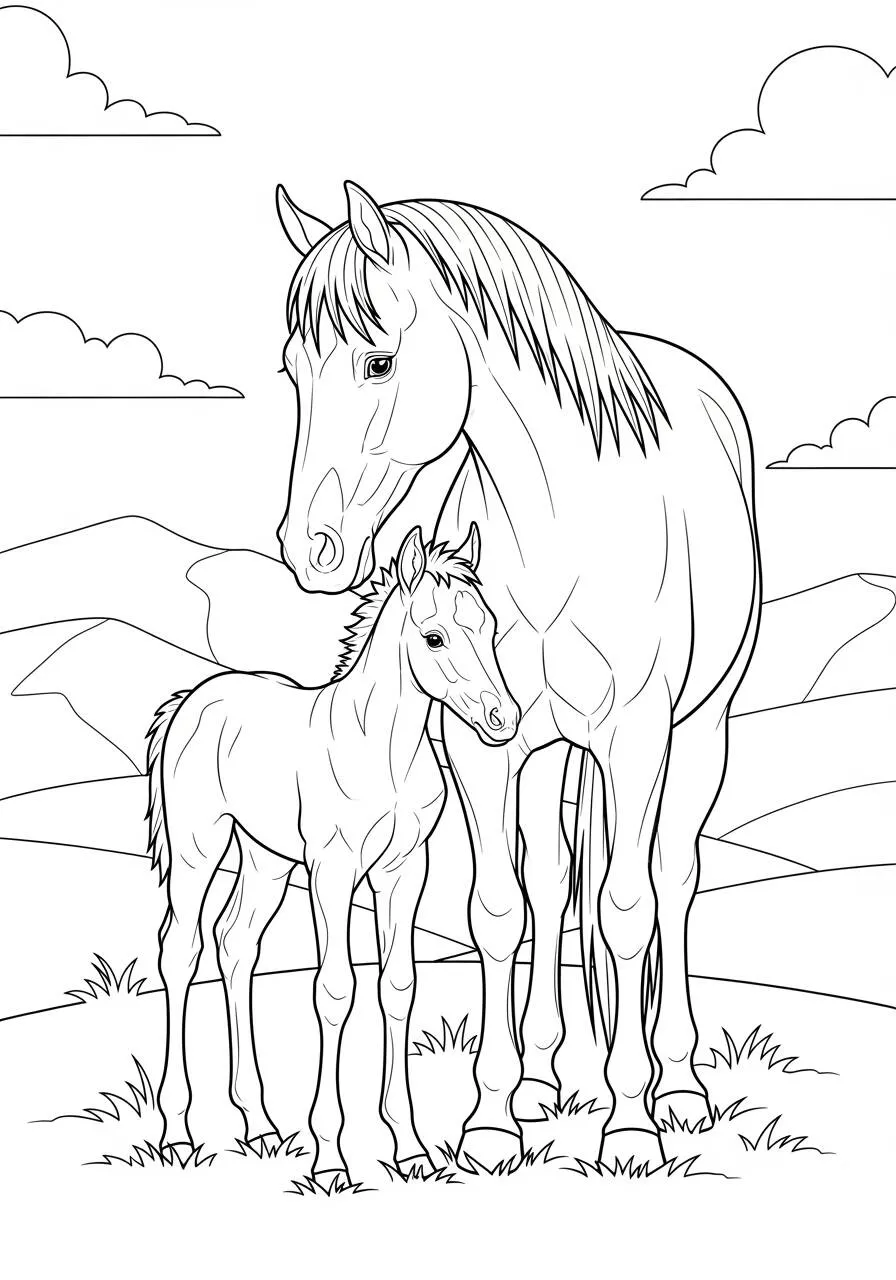 Coloriage cheval et poulain