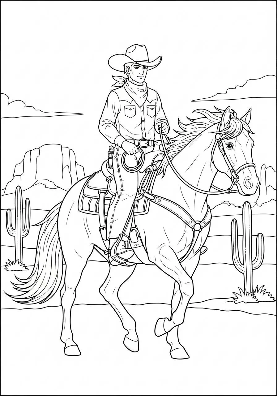 Coloriage Cheval avec cavalier dans le désert