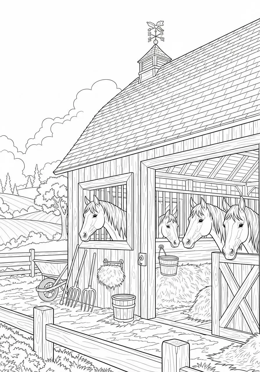 Caballo en el establo Dibujo para colorear