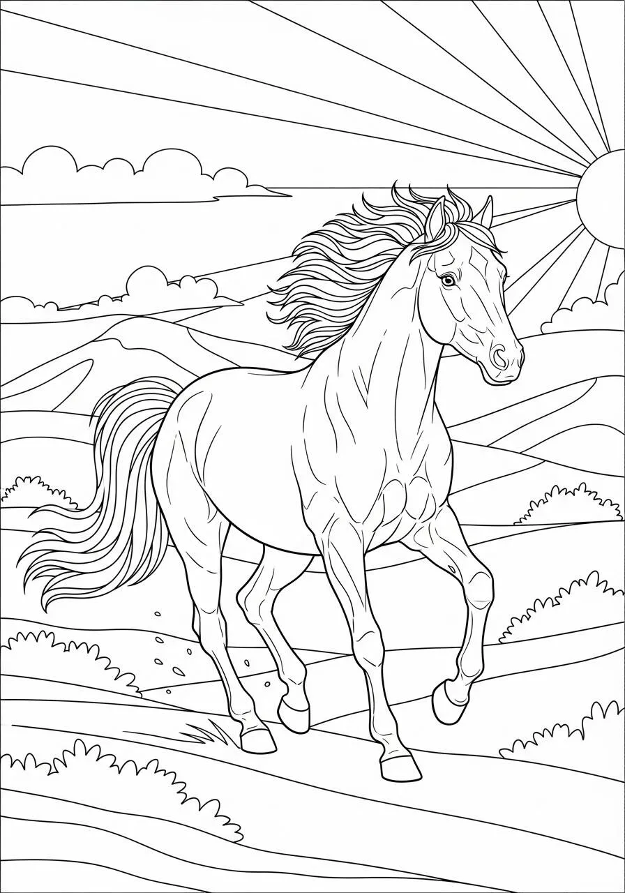 Caballo corriendo bajo el sol Dibujo para colorear