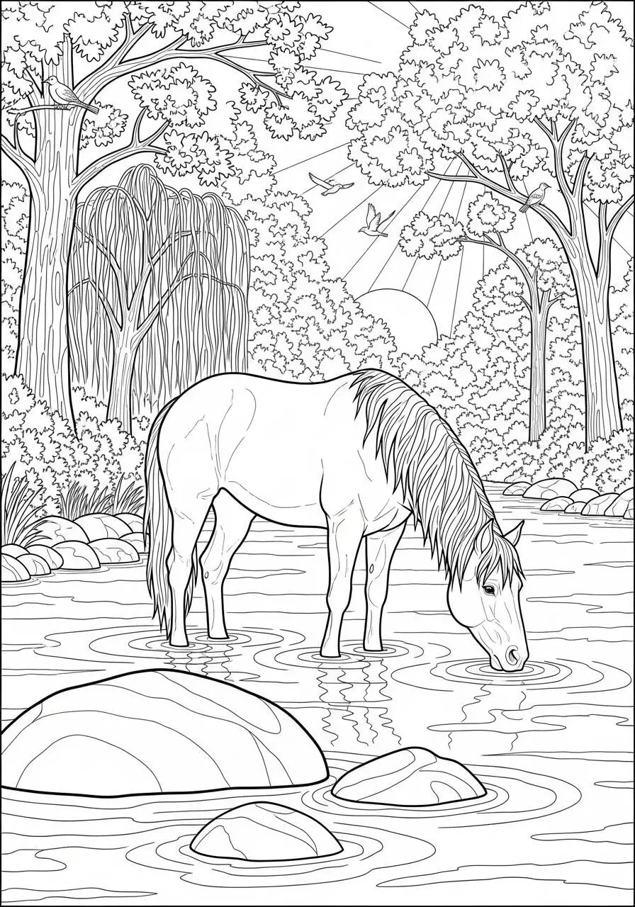 Dibujo de Caballo bebiendo agua de un lago para colorear