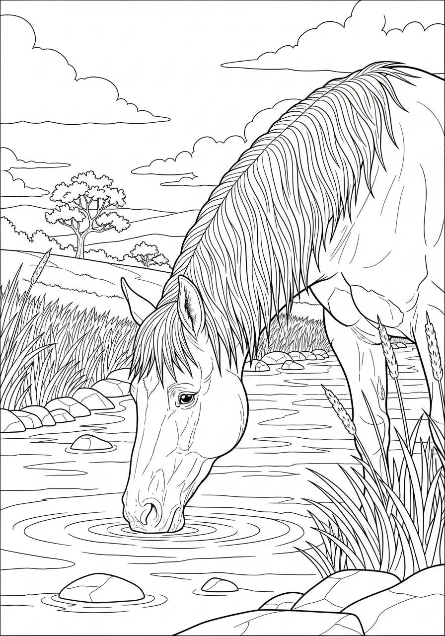 Dibujo de Caballo bebiendo agua de un río para colorear