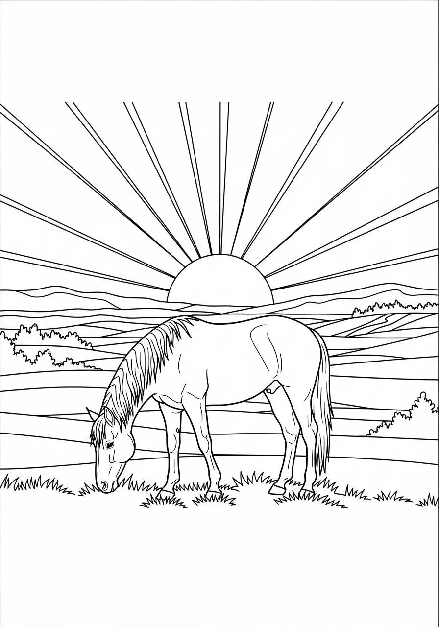 Caballo pastando al atardecer Dibujo para colorear