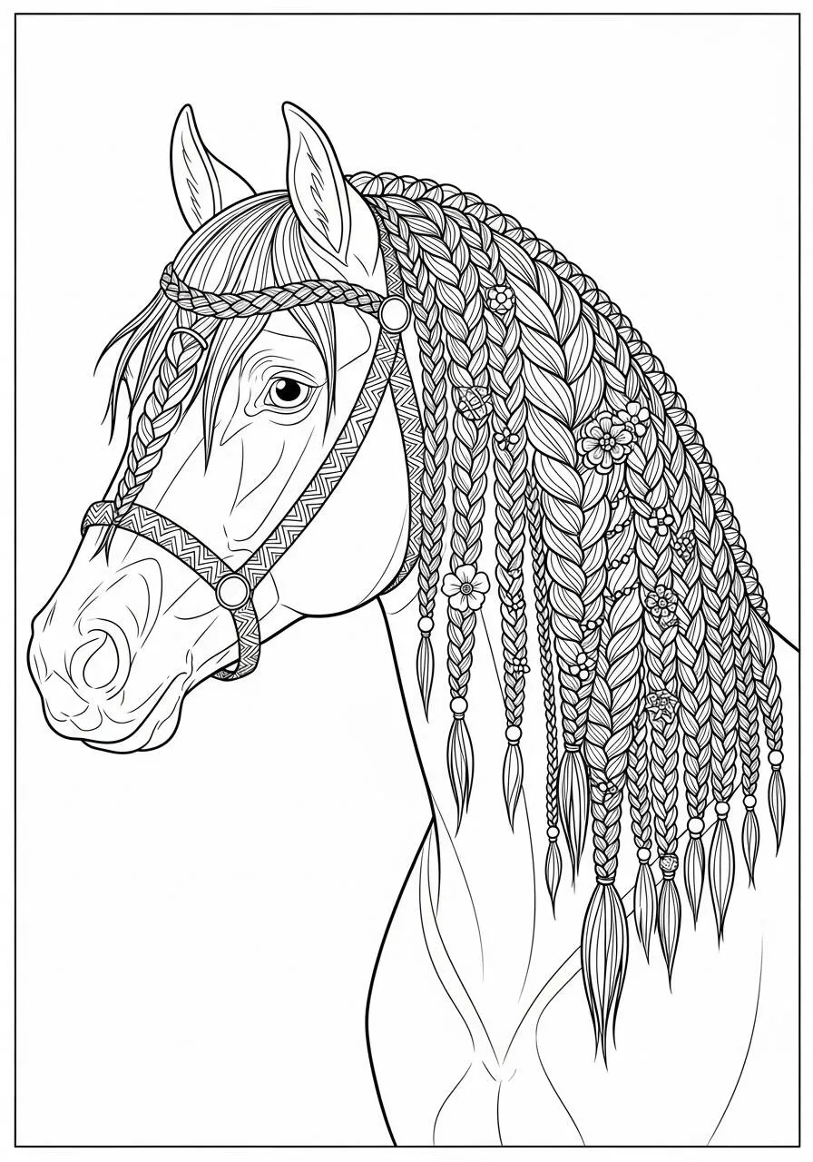 Caballo con elegantes trenzas Dibujo para colorear