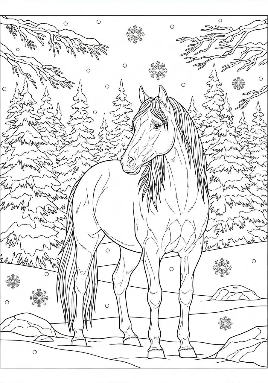 Caballo en paisaje nevado Dibujo para colorear
