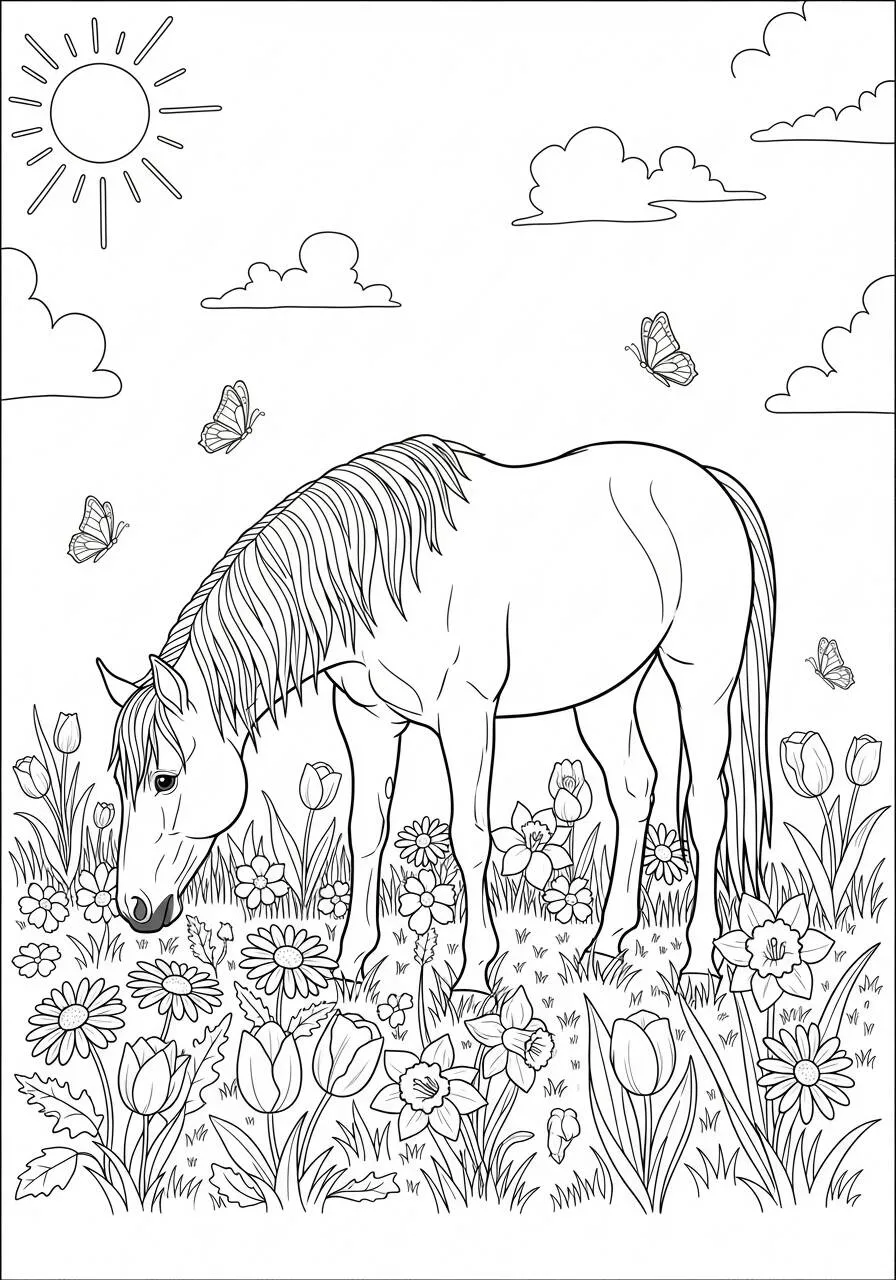 Dibujo de Caballo pastando en un campo florido para colorear