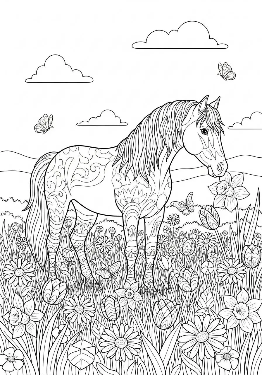 Caballo decorado en campo de flores Dibujo para colorear