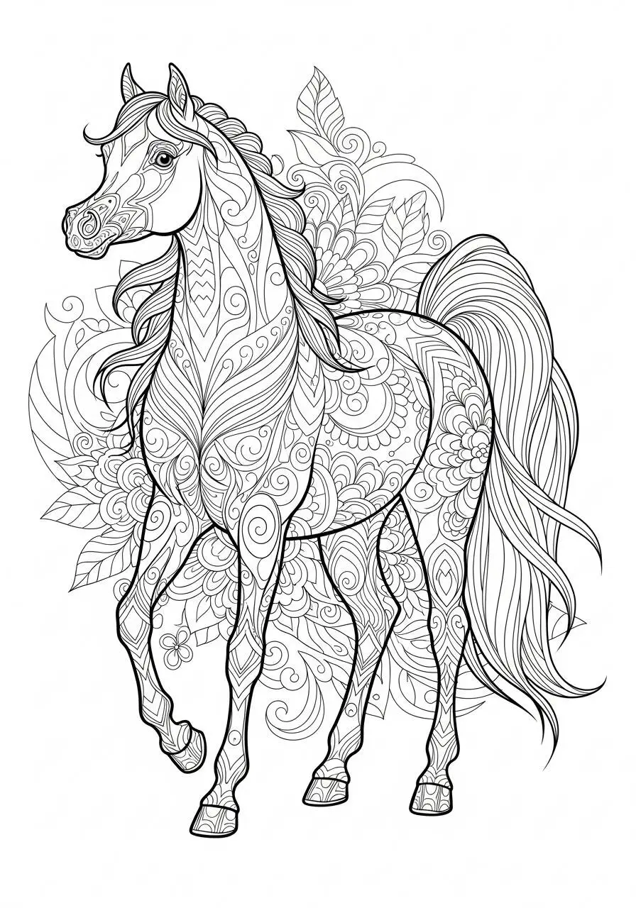 Cheval décoré de motifs à colorier