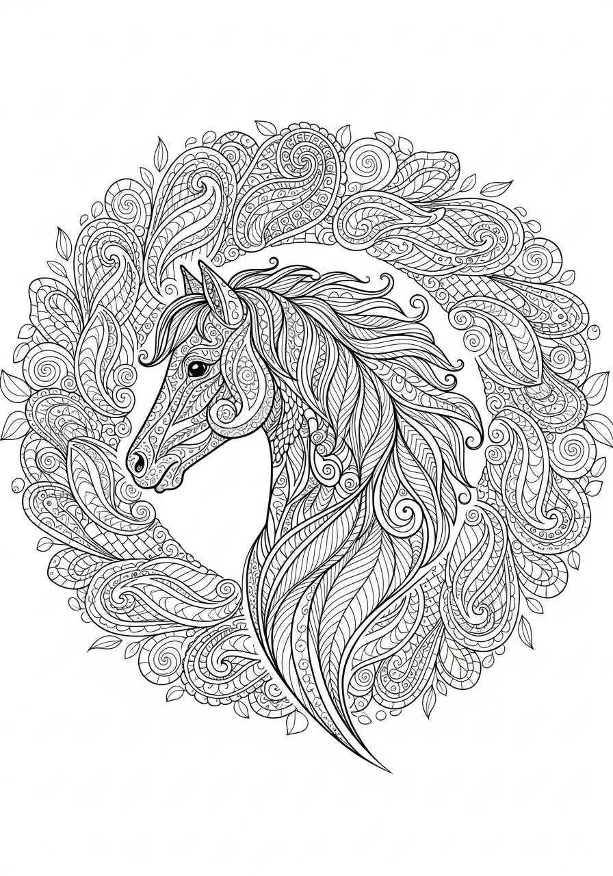 Dessin de cheval avec des motifs décoratifs à colorier