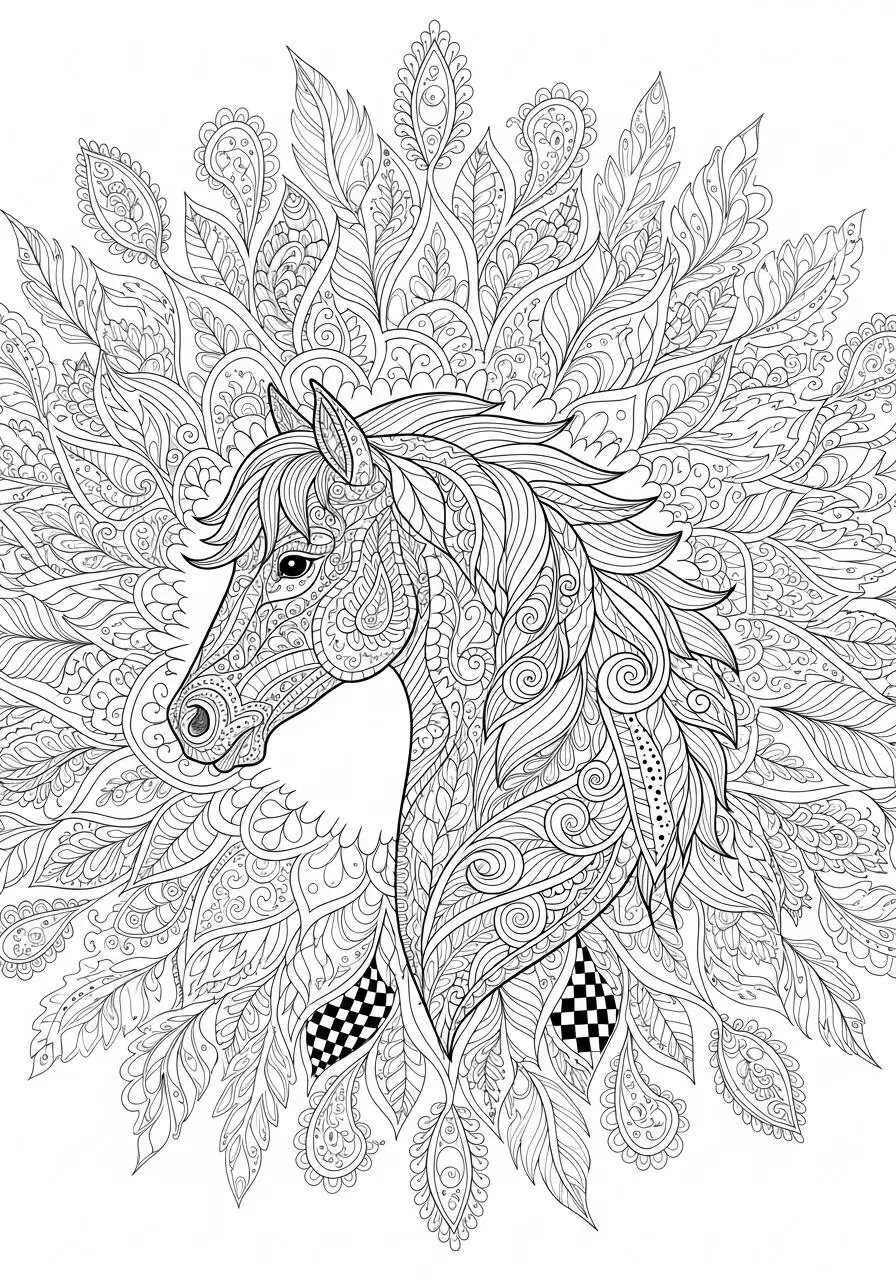 Cheval décoré de motifs à colorier