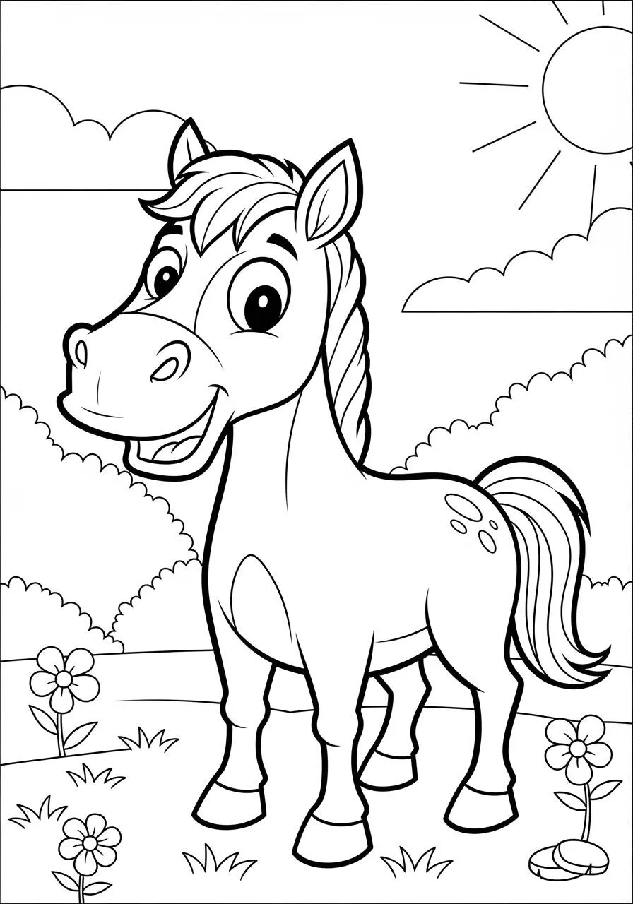 Coloriage Cheval souriant dans un champ de fleurs
