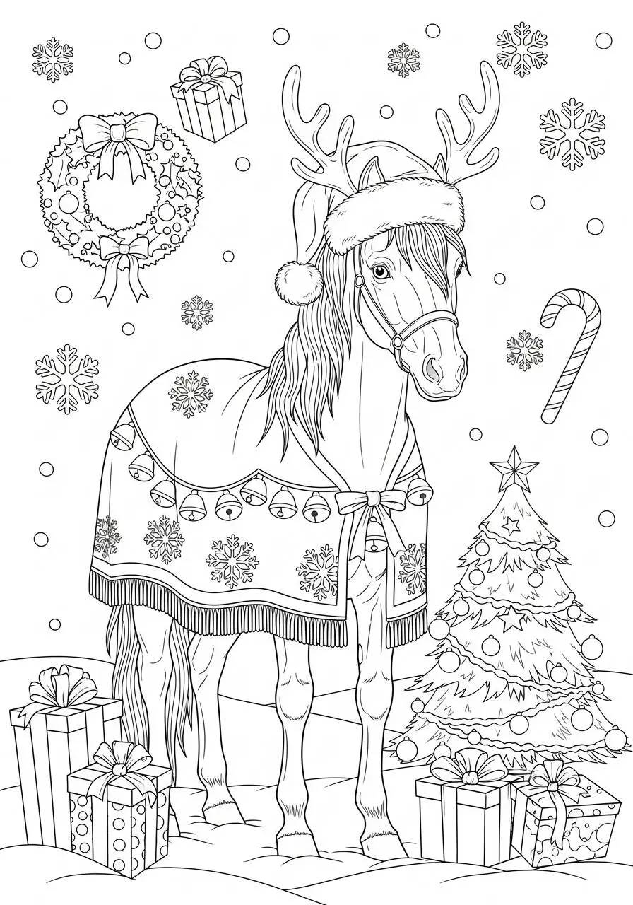Coloriage cheval de Noël avec chapeau de renne