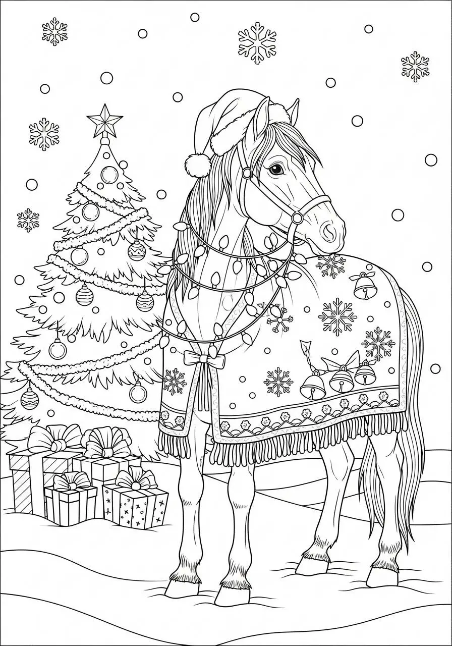 Coloriage Cheval de Noël avec arbre et cadeaux