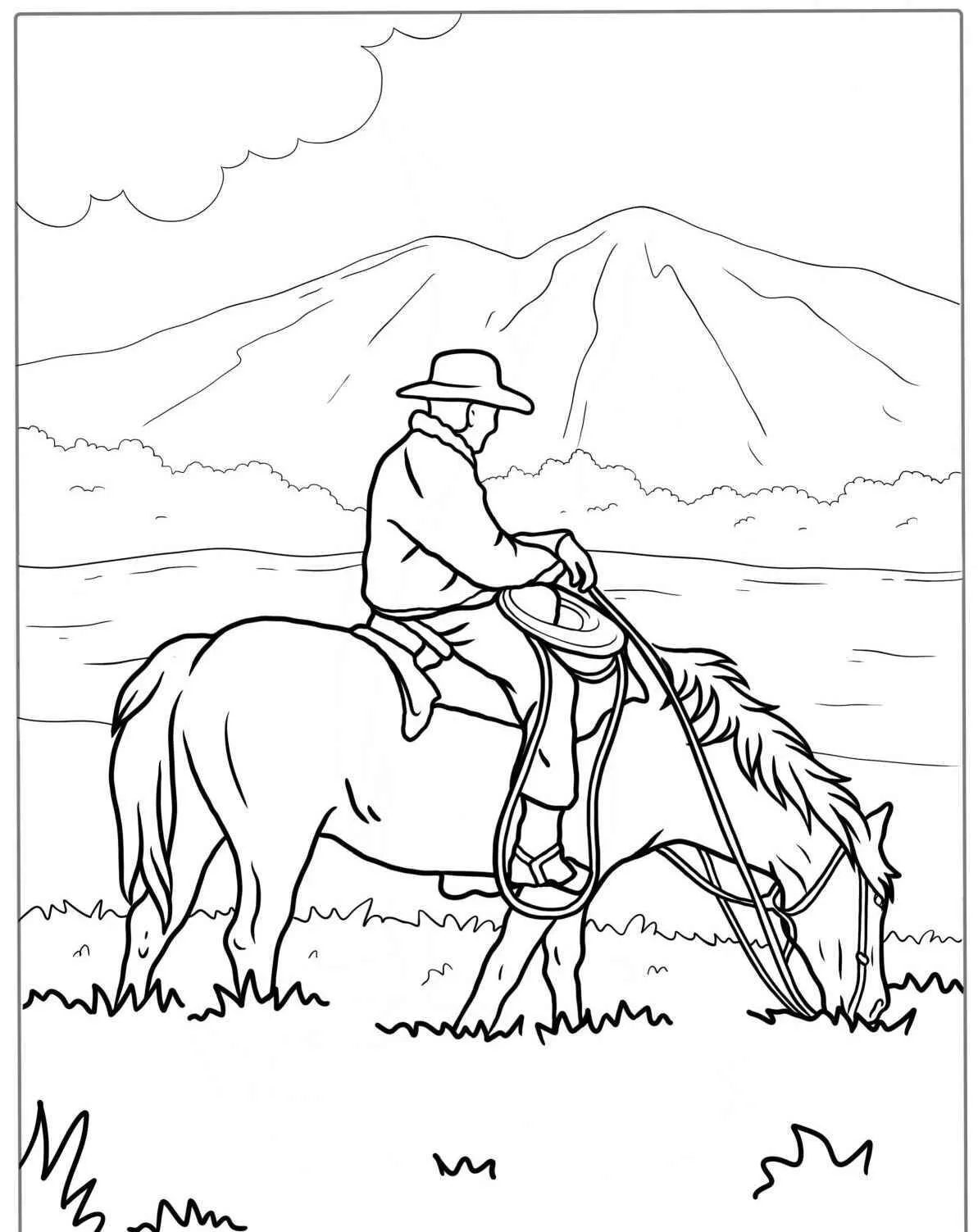Coloriage Cheval avec cavalier dans un paysage naturel