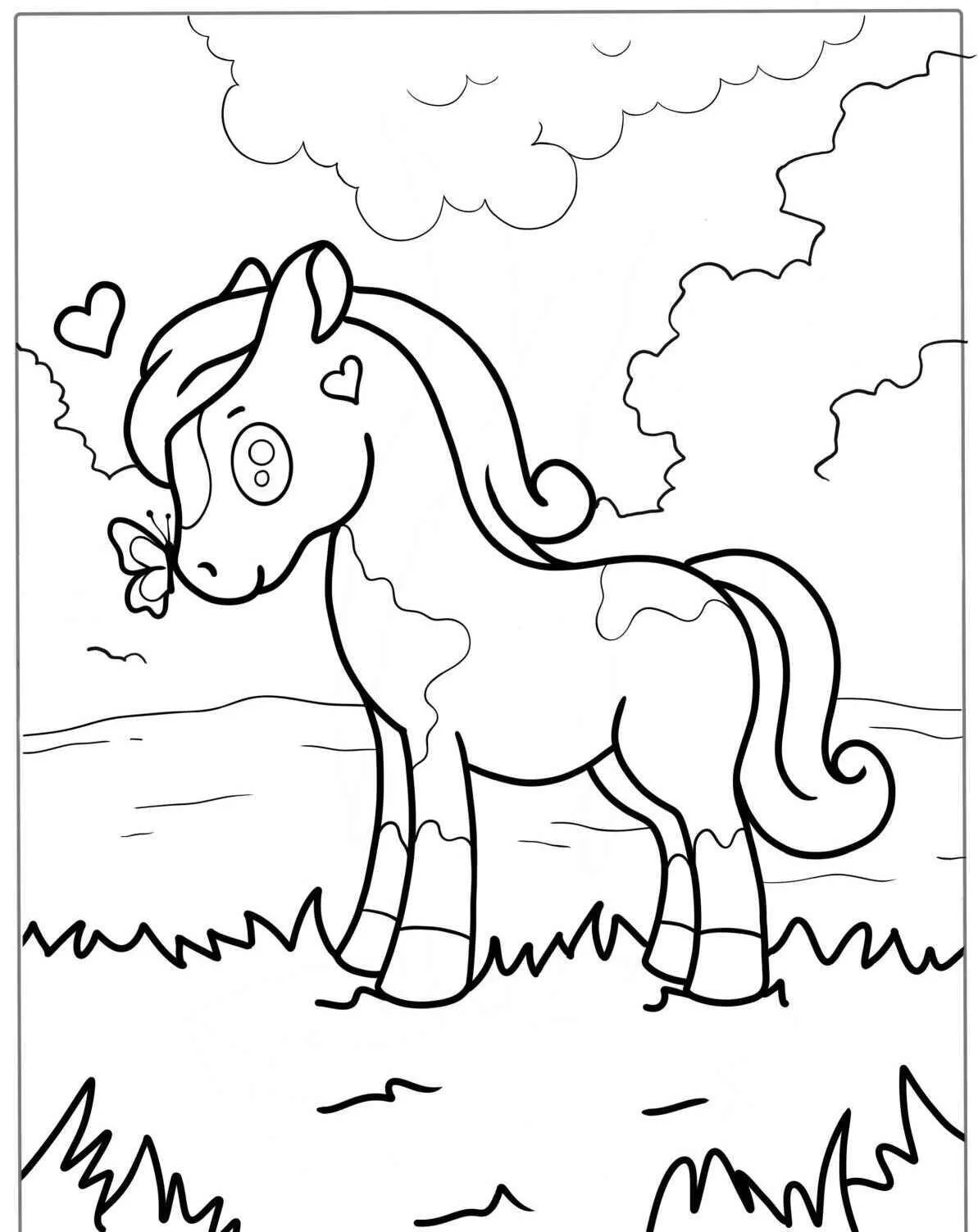 Coloriage cheval mignon avec papillon