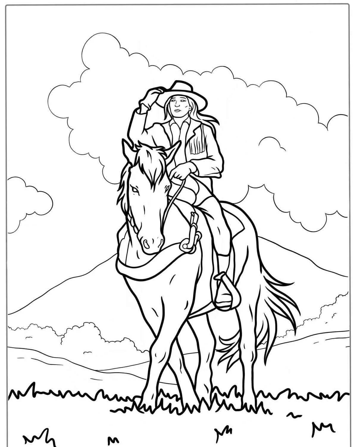Dibujo de Caballo con jinete en un paisaje montañoso para colorear