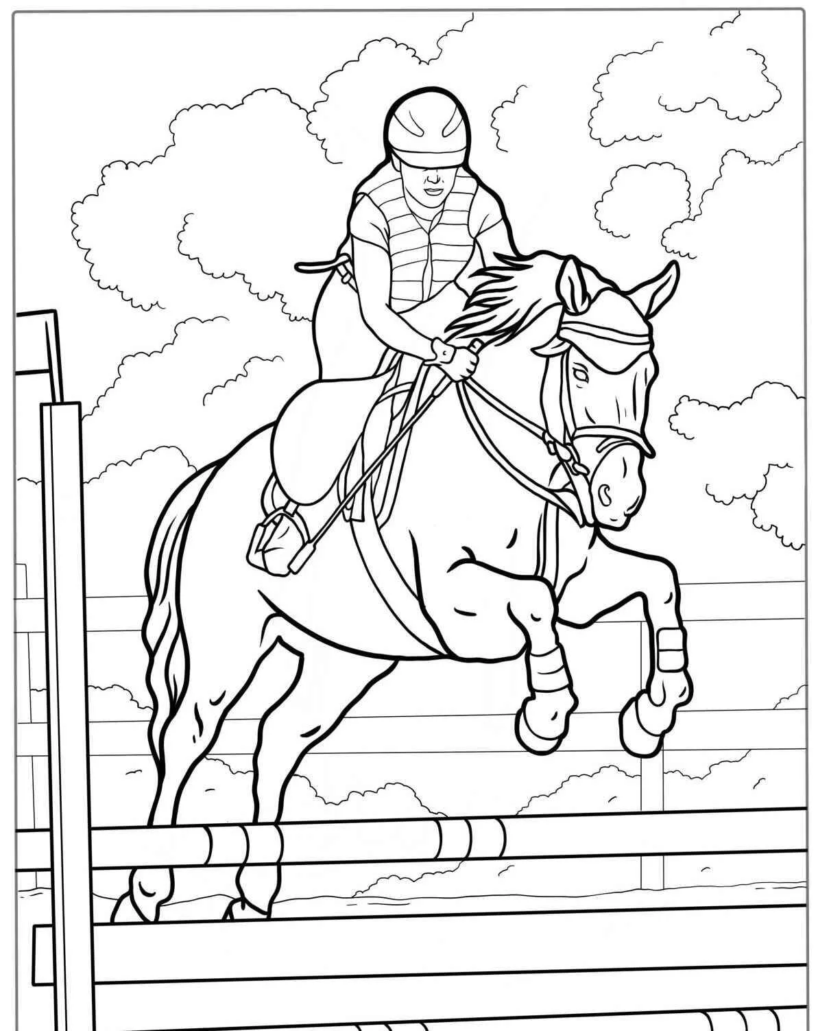 Caballo saltando obstáculo con jinete para colorear
