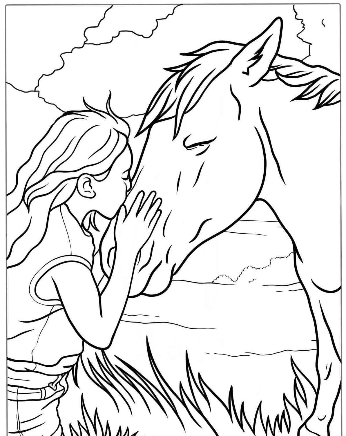 Niña acariciando un caballo Página para colorear