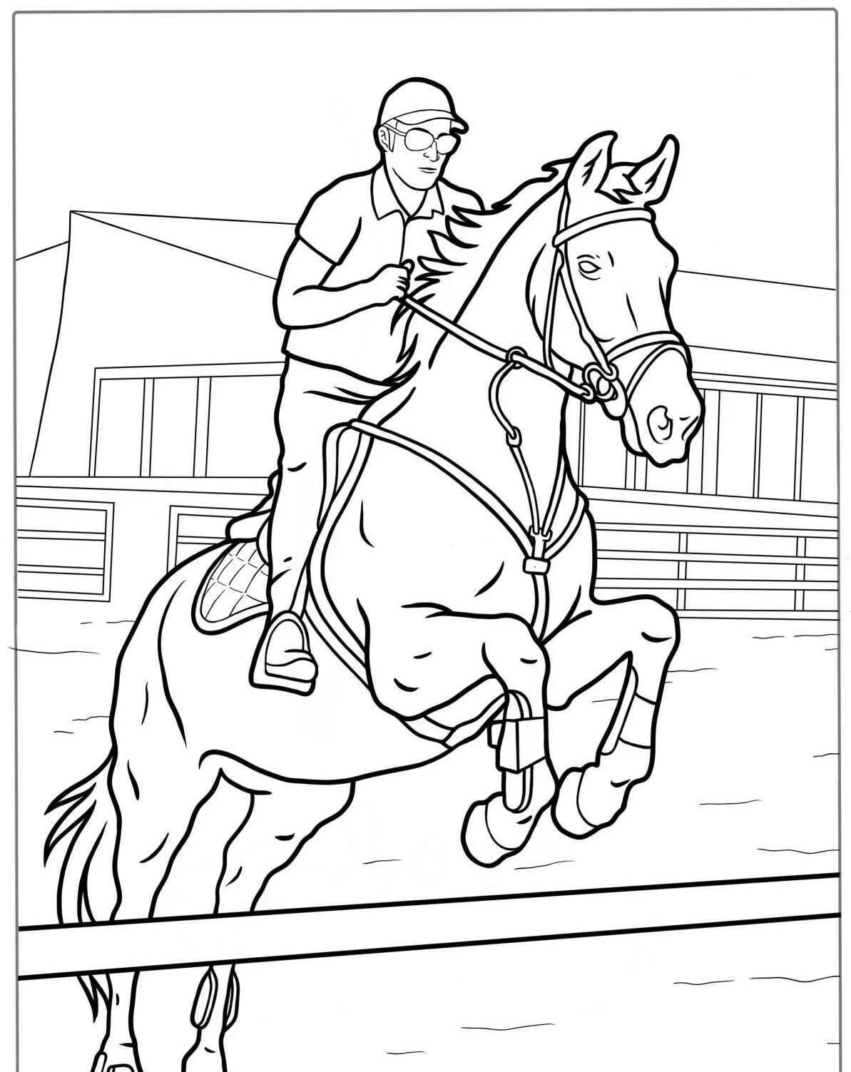 Página para colorear de caballo saltando con jinete