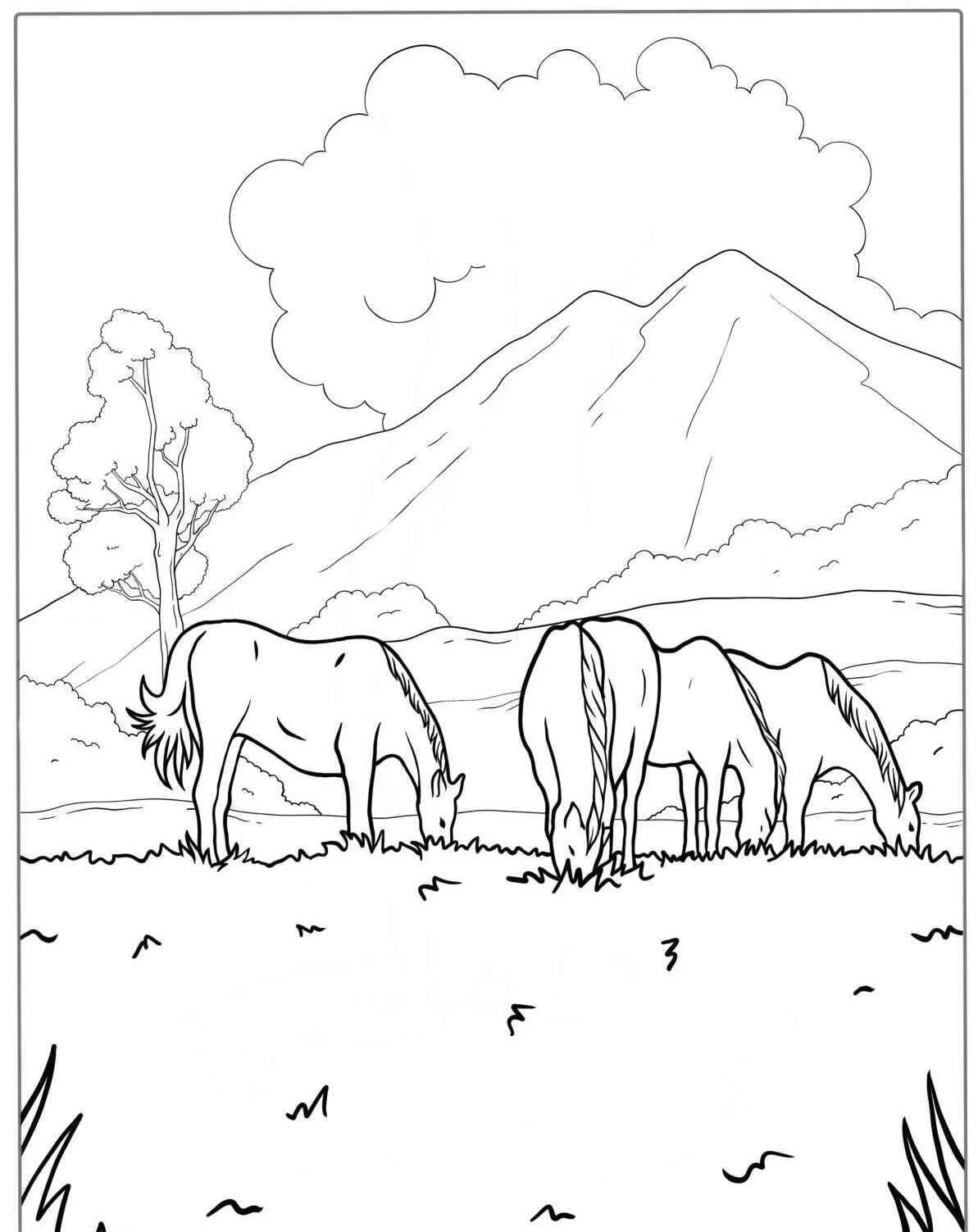 Dibujo de caballos pastando en un campo con montañas para colorear