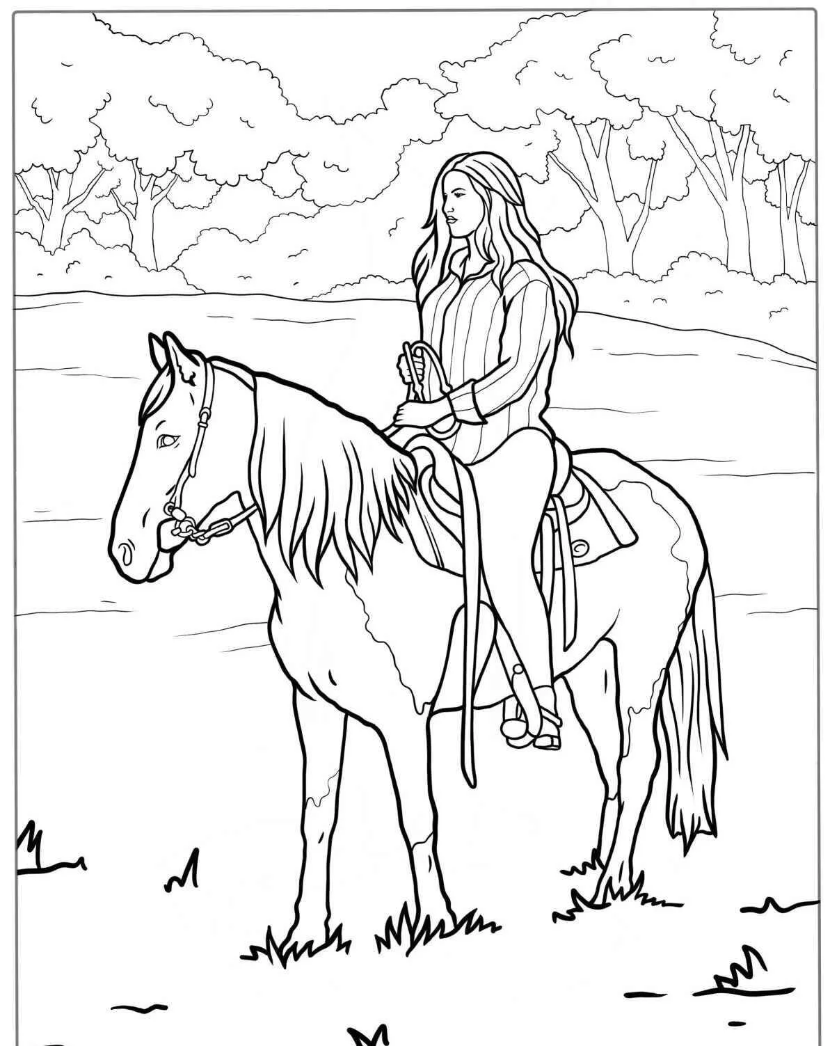 Dibujo de caballo con Jinete en un Paisaje Natural para Colorear