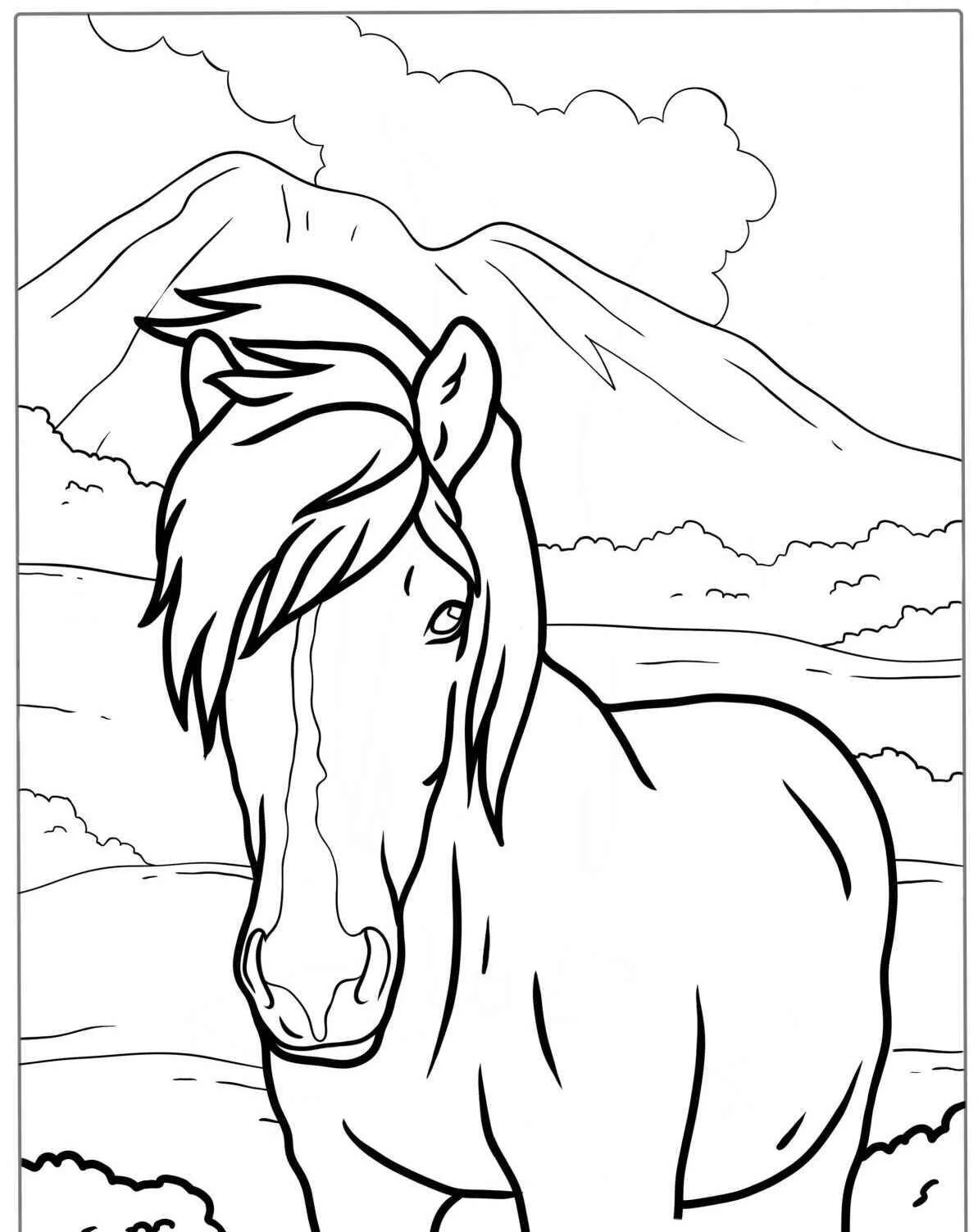 Dibujo para colorear de un caballo majestuoso en un paisaje montañoso