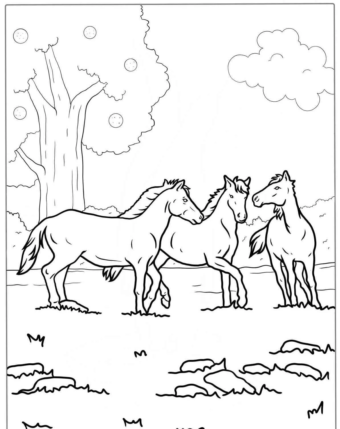 Dibujo de Tres caballos jugando en el campo para colorear