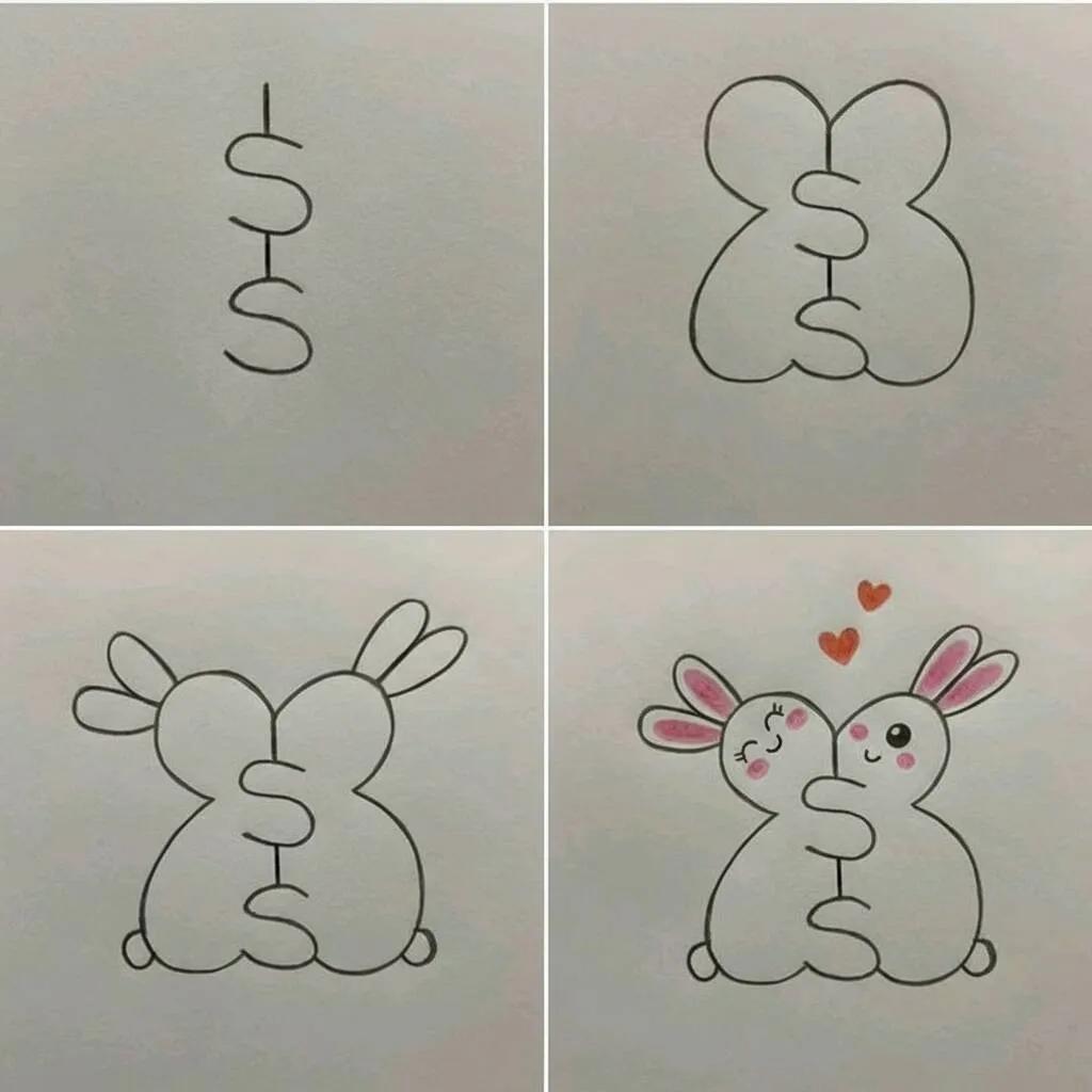 Idea de dibujo fácil para dibujar conejos abrazándose